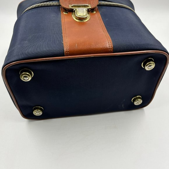 SEARS Vintage Train Case Travel Bag Cosmetic Toiletry Case Vinyl Canvas Navy - Picture 7 of 10